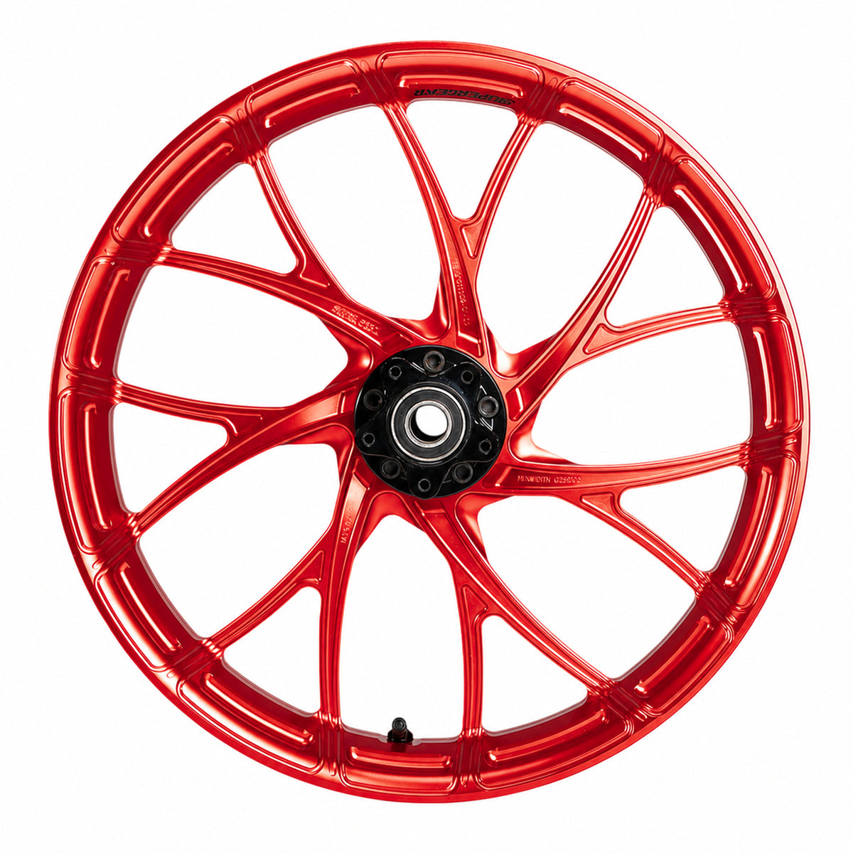 SuperGear Daytona Red anodized wheel hub designed for custom Harley Touring motorcycles and performance bagger builds.