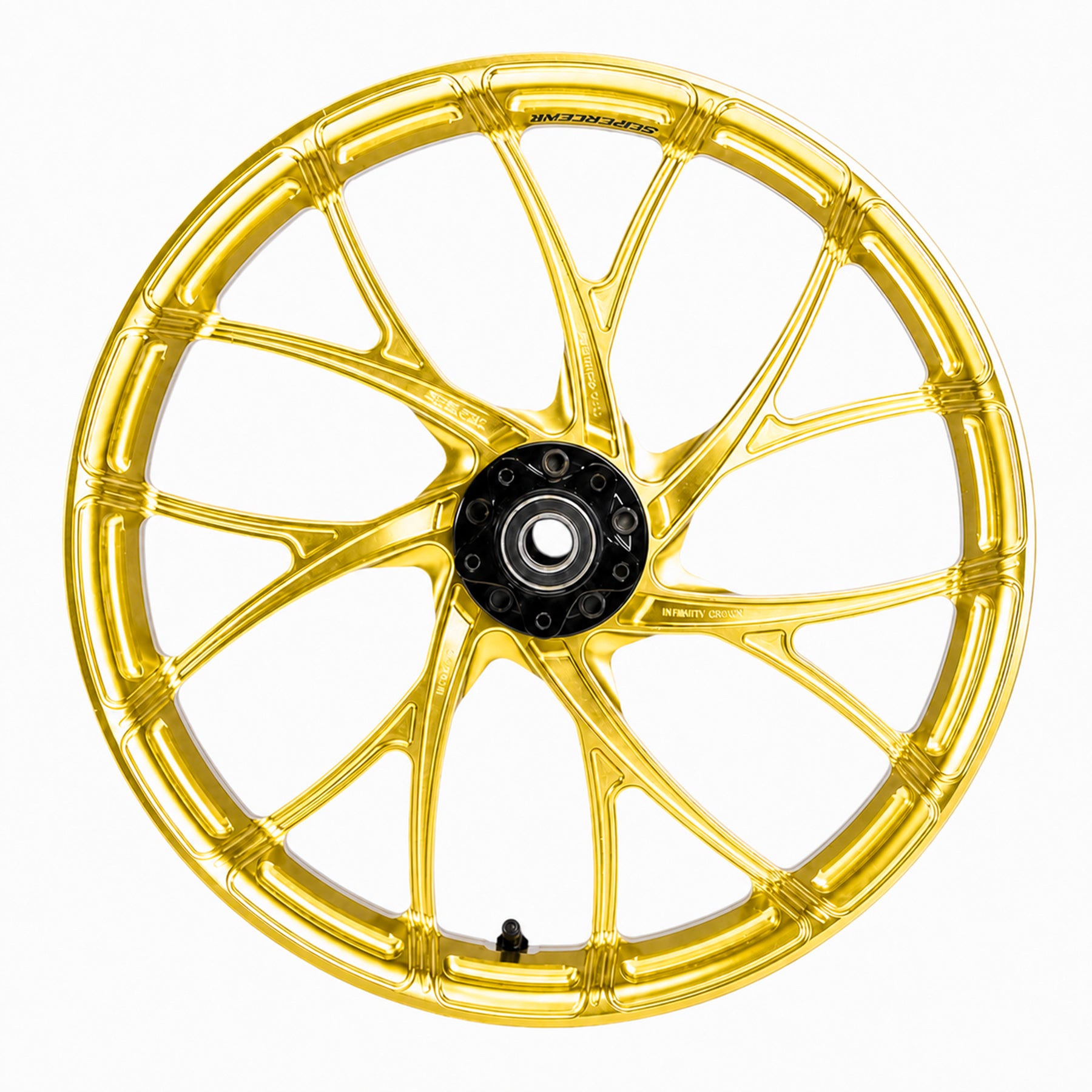 SuperGear Sunchaser Gold anodized CNC machined hub for Harley Touring forged wheels and custom performance bagger builds.
