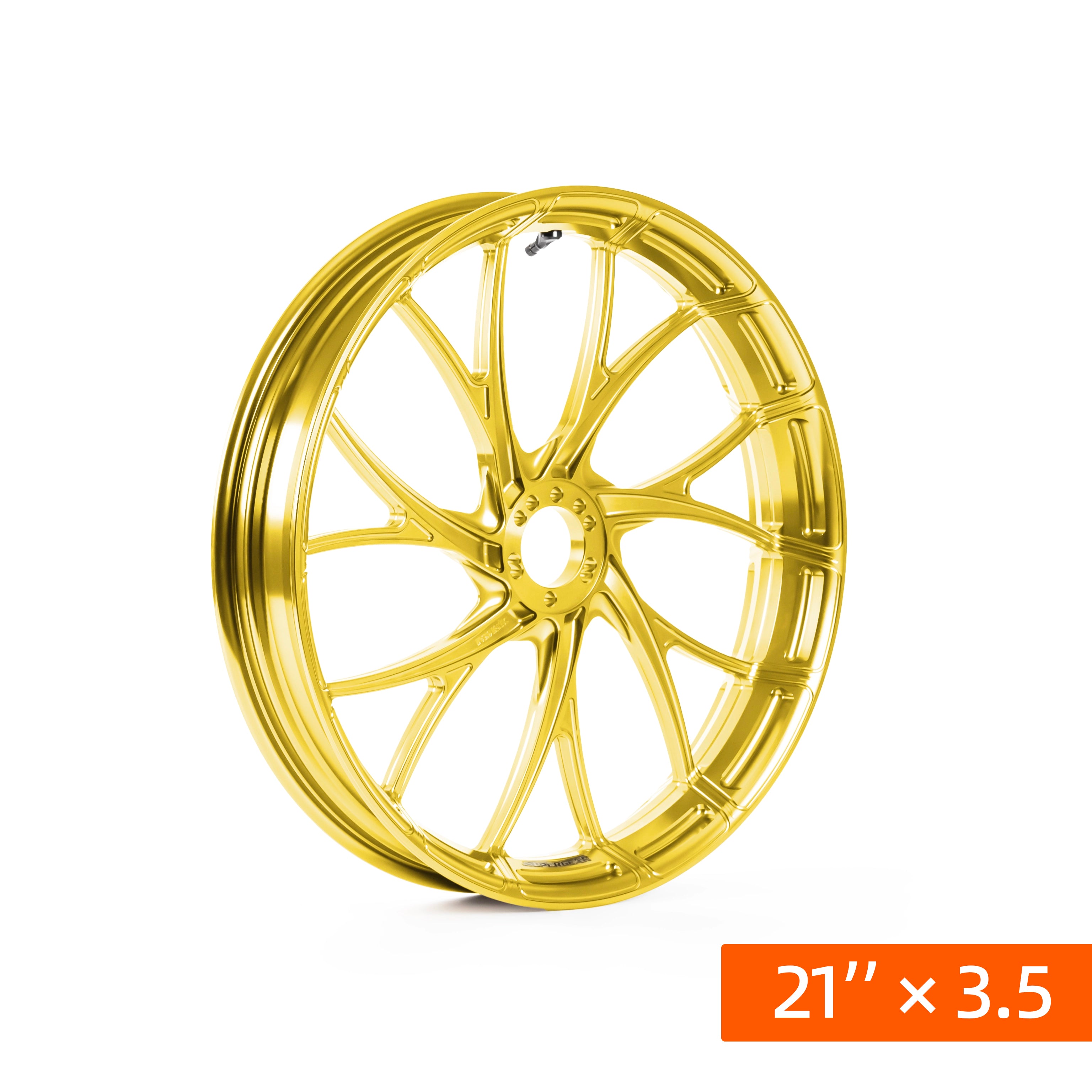 Elevate your ride! Gold Harley wheels for Touring models. 21" motorcycle front wheelr. High-quality machined aluminum motor wheel parts.