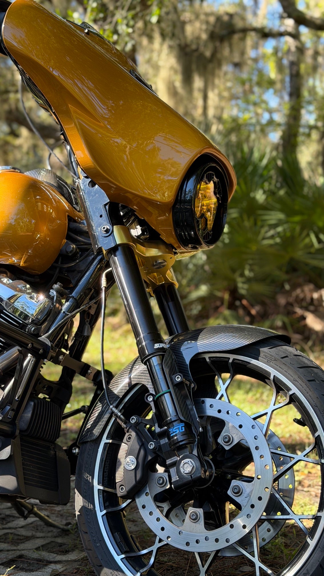 Brandon Hardt's custom Harley motorcycle equipped with SuperGear Performance RF7 inverted front forks and an SG Style short front fender