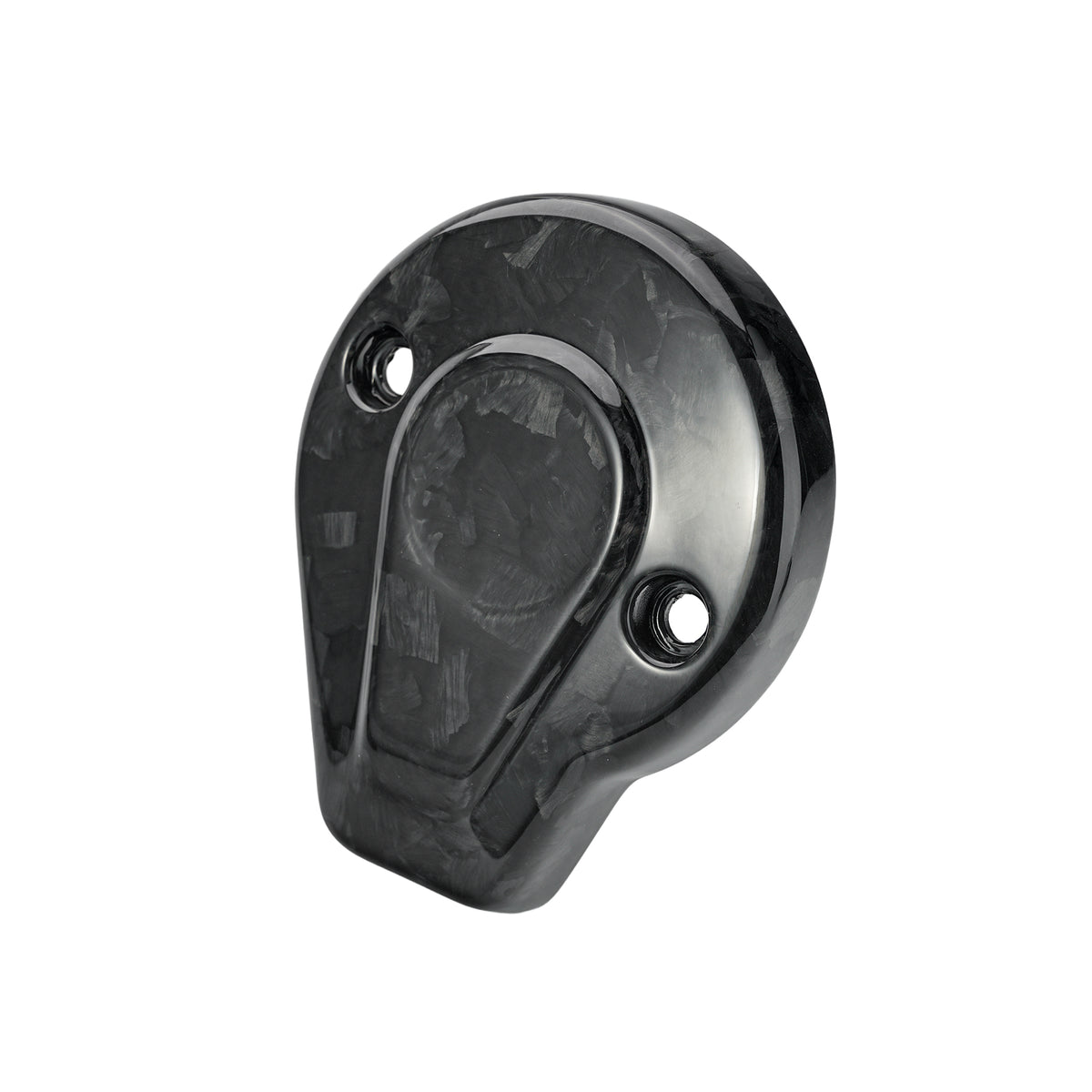 Left angled view of a Forged Carbon Fiber Glossy Finish timer cover for custom Harley Touring engine styling.