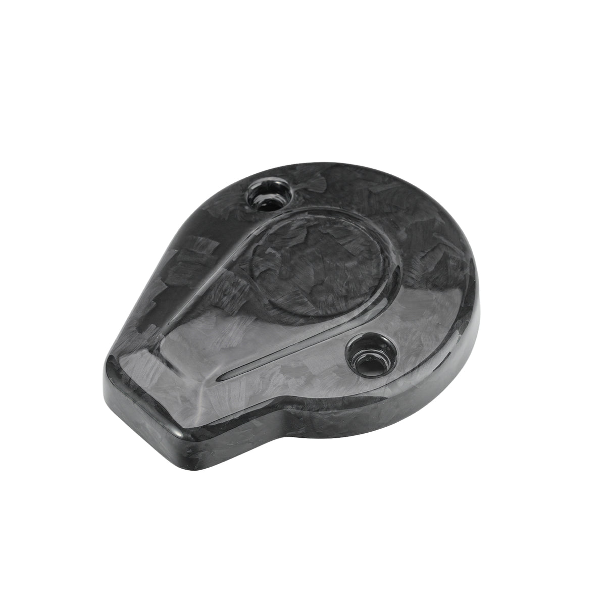 Right angled product view showing the shape and random Forged Carbon Fiber Glossy Finish pattern of a Harley timer cover.