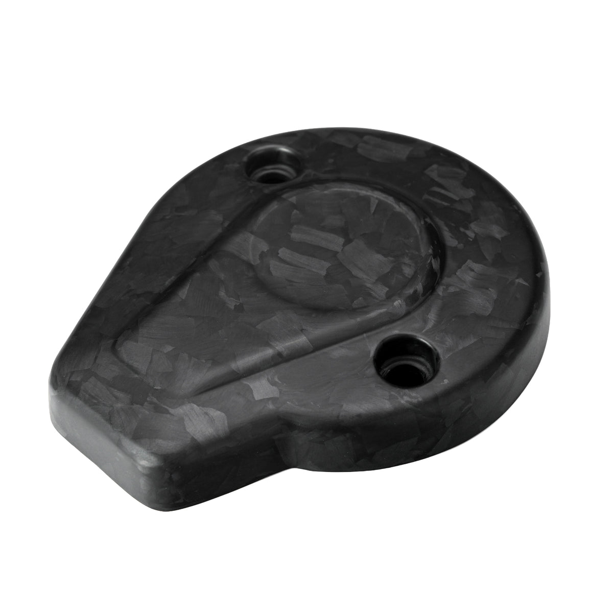 Right angled product view showing the shape and random Forged Carbon Fiber Matt Finish pattern of a Harley timer cove