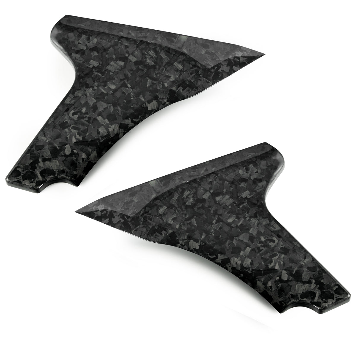 Left and right Forged Carbon Fiber Glossy Finish lower frame covers displayed together for a custom Harley Touring CVO motorcycle build.