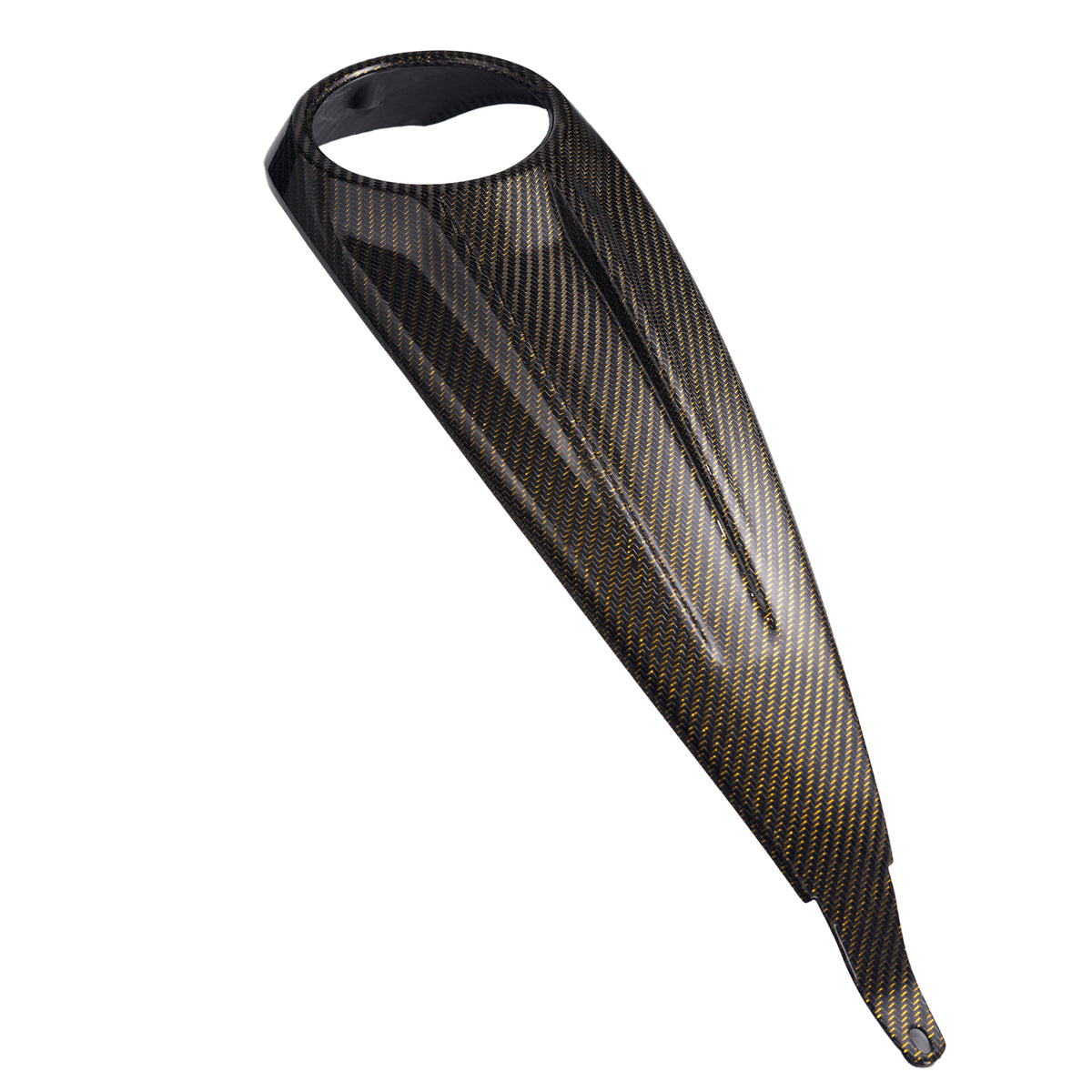 Full profile of a Gold Twil Carbon Fiber Glossy fuel tank dash cover for compatible Harley Touring custom motorcycle builds.