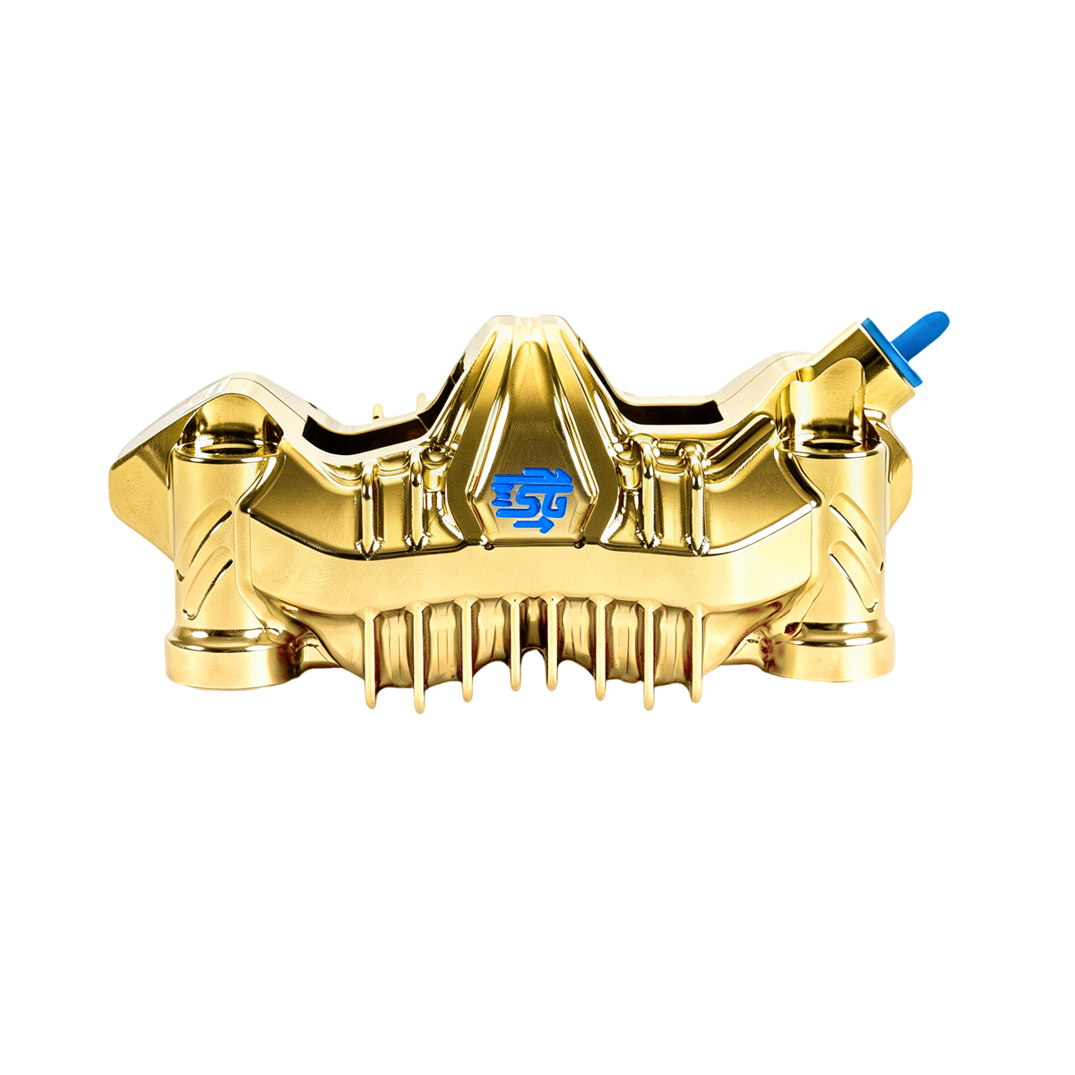 RF7 108mm radial brake caliper featuring a premium gold anodized finish, CNC-machined construction, and a performance-focused design for Harley Touring and Performance Bagger builds.