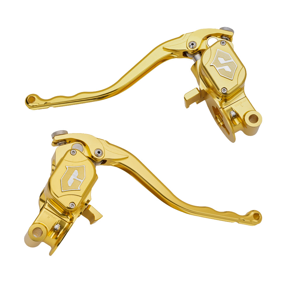 RF7 bolt-on radial hand control set for Harley-Davidson Touring with hydraulic clutch, sunchaser gold finish