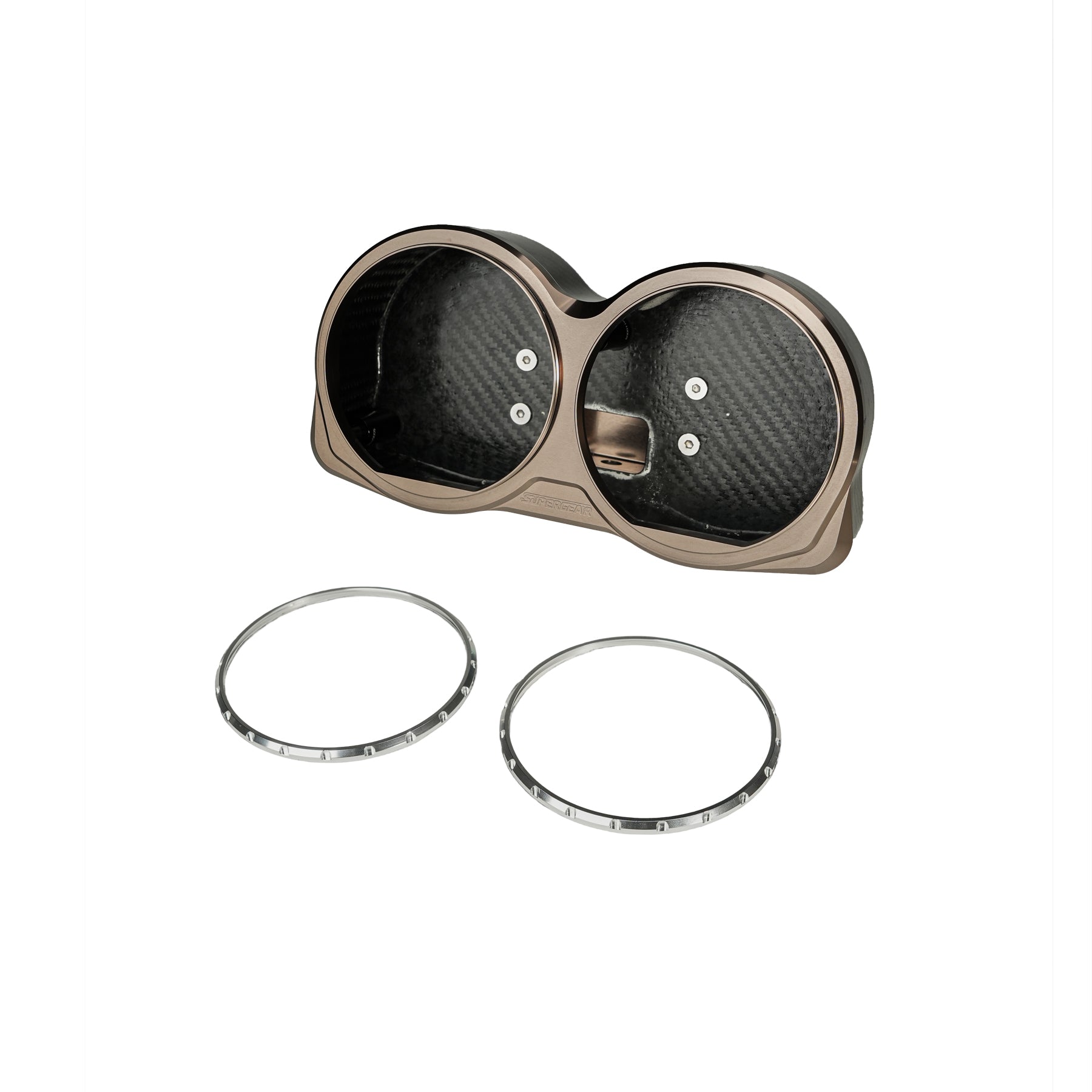 RF7 Carbon Fiber Dual Gauge Bezel $10 Early Bird Reservation for 2014-2023 Harley Road Glide, featuring glossy 3K twill carbon fiber backing and CNC aluminum gauge rings.