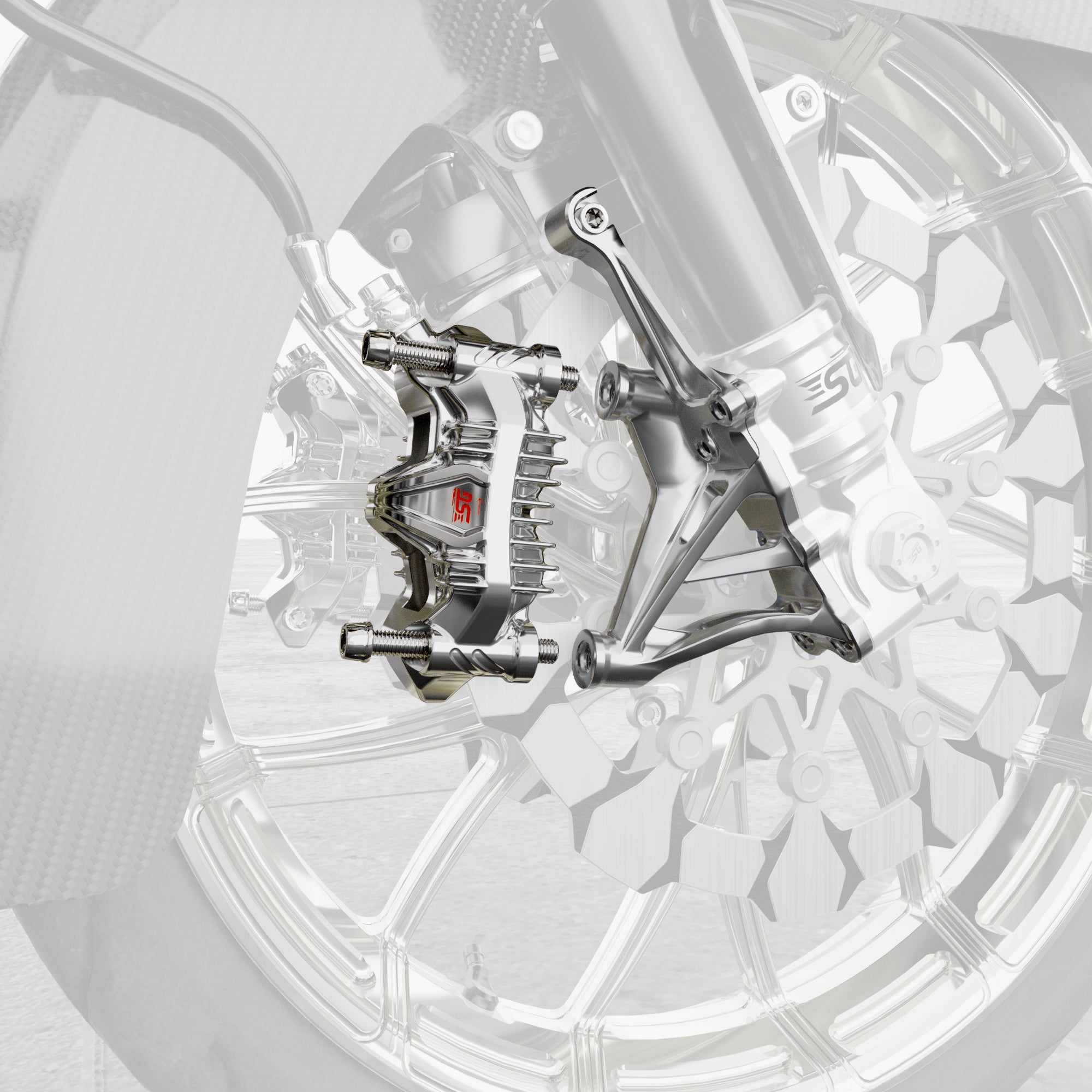 The supergear performance 108mm radial caliper is paired with the supergear performance 108R lower fork leg, and uses a 300mm brake rotor.