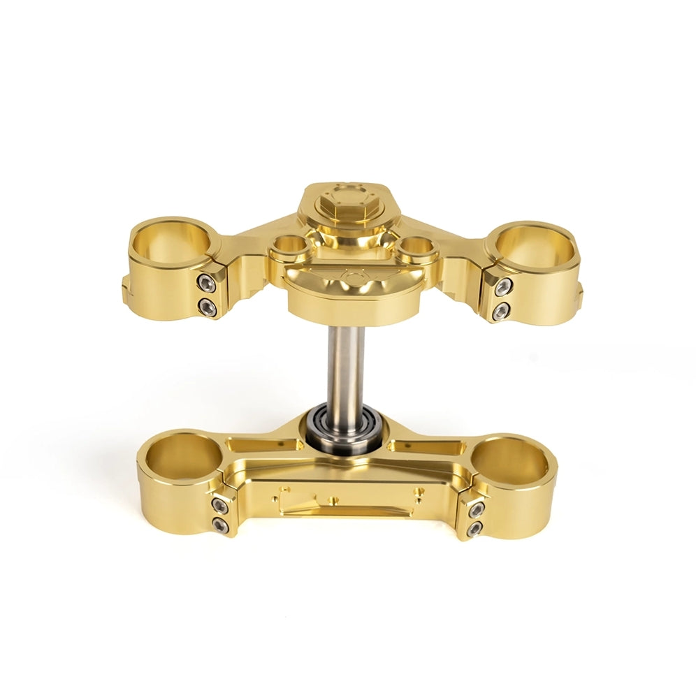 Gold SuperGear RF7 triple tree assembly with steering stem for Harley Touring inverted fork conversions.