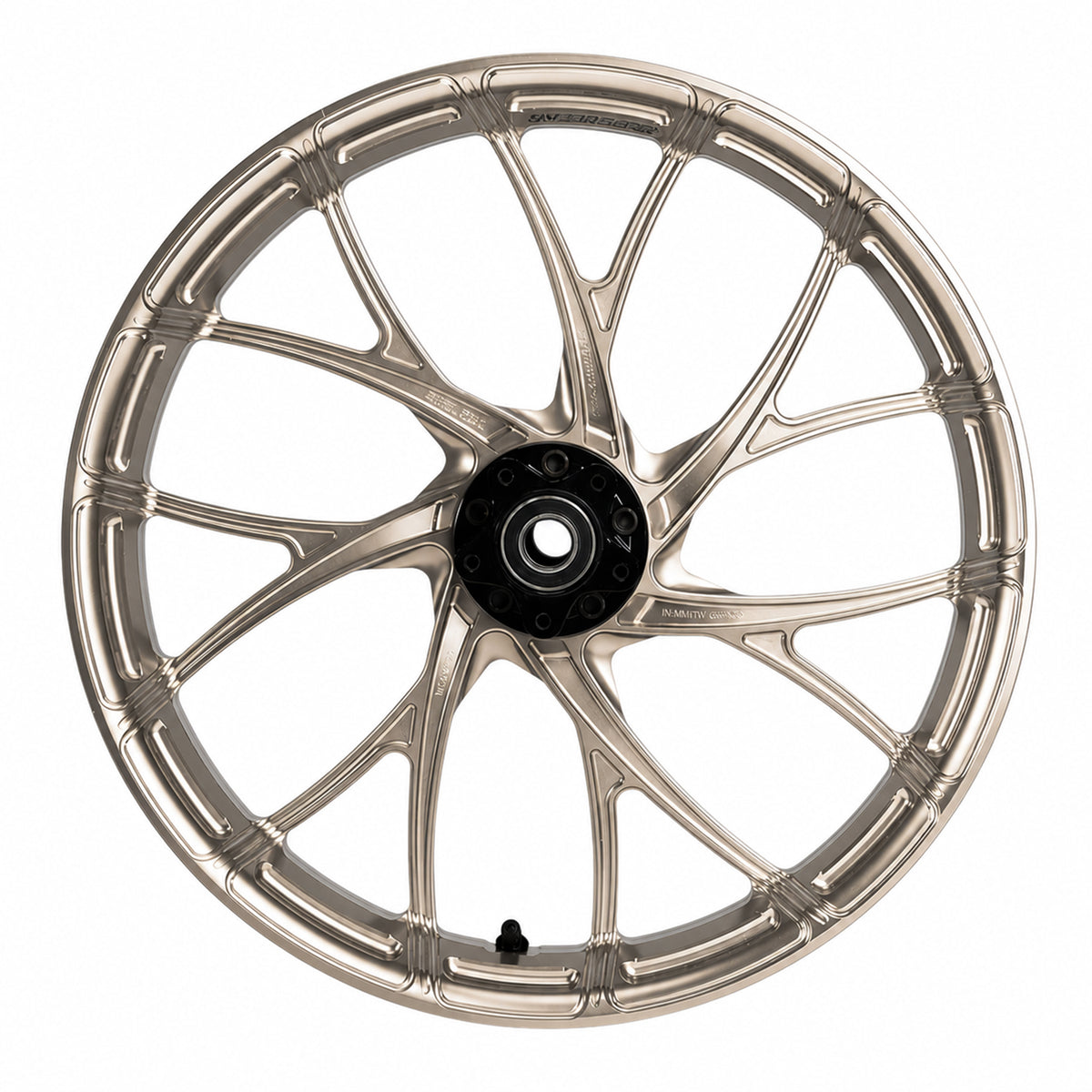 SuperGear 21 inch front forged wheel hub assembly designed for Harley Touring motorcycles, featuring CNC machined aluminum construction and premium anodized color finishes for custom performance bagger builds.