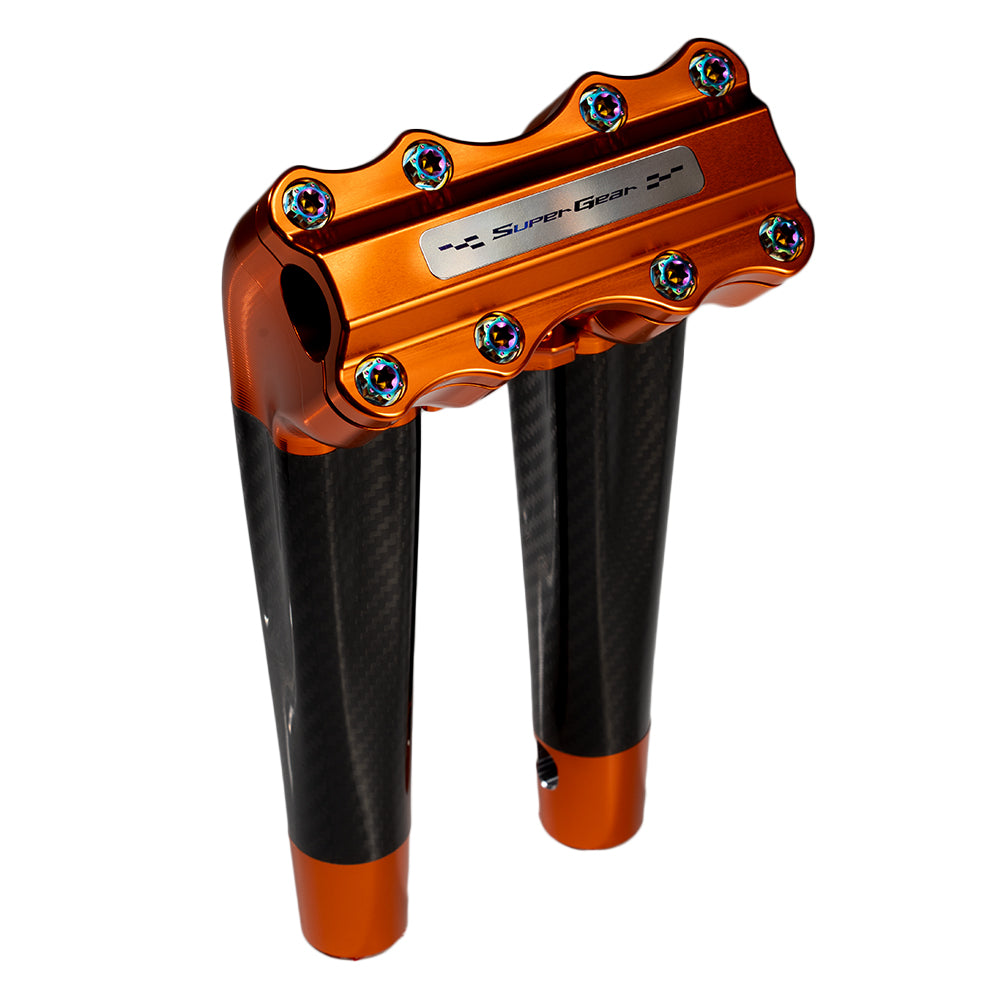 SuperGear Performance 10 Inch Pullback Handlebar Riser for Harley Davidson 1" Bars - Gulf Orange Carbon Fiber CNC Billet