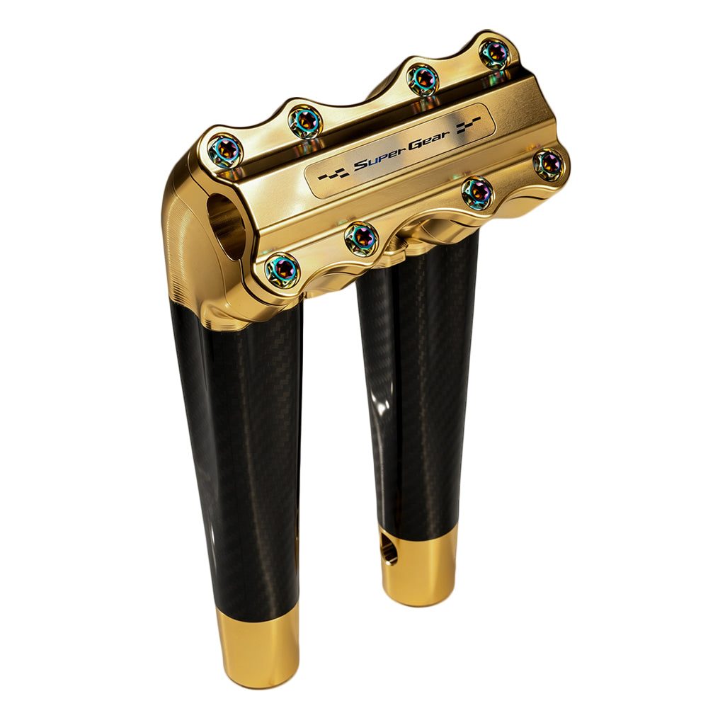 SuperGear Performance 10 Inch Pullback Handlebar Riser for Harley Davidson 1" Bars - Sunchaser Gold Carbon Fiber CNC Billet