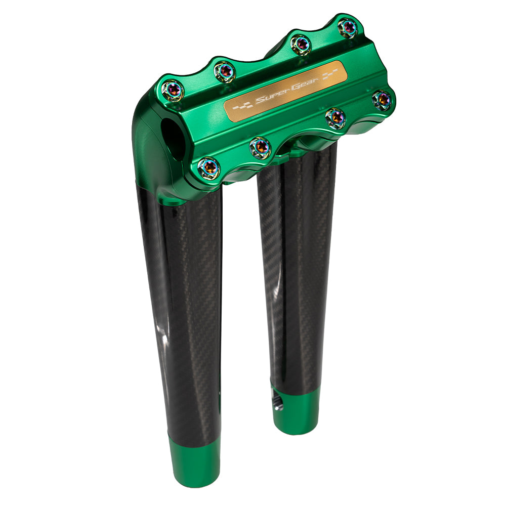 SuperGear Performance 12 Inch Pullback Handlebar Riser for Harley Davidson 1" Bars - Viper Green Carbon Fiber CNC Billet