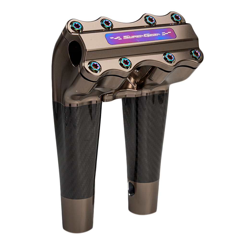 SuperGear Performance 8 Inch Pullback Handlebar Riser for Harley Davidson 1" Bars - Titanium Gold Carbon Fiber CNC Billet