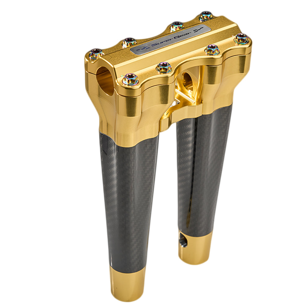 SuperGear Performance 10 Inch Straight Handlebar Riser for Harley Davidson 1" Bars - Sunchaser Gold Carbon Fiber CNC Billet