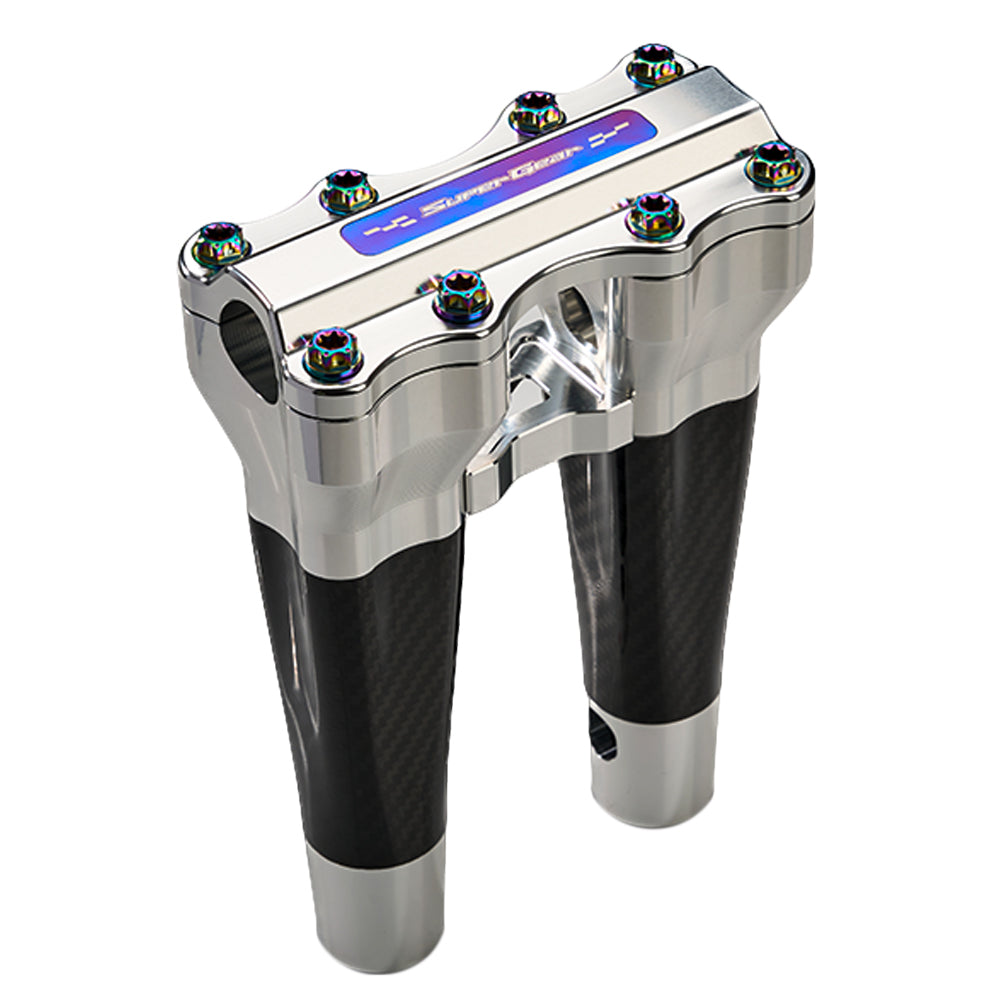 SuperGear Performance 8 Inch Straight Handlebar Riser for Harley Davidson 1" Bars - Ridgeline Silver Carbon Fiber CNC Billet
