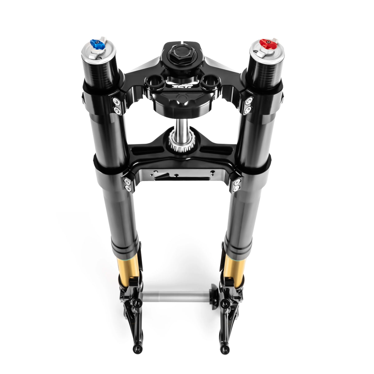 SuperGear RF7 inverted front end kit with black triple trees, fork tubes and gold lower sections, top angled view.