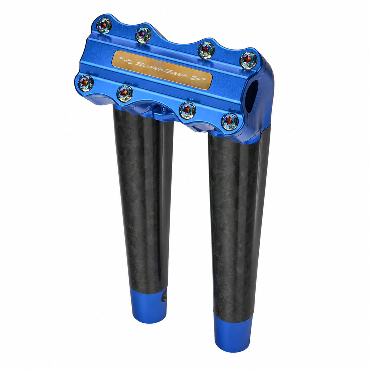 SuperGear RF7 12 inch pullback risers with matte forged carbon finish in Deep Current Blue, CNC billet aluminum construction for Harley Touring, Road Glide, Street Glide, Performance Bagger, and custom Harley builds.