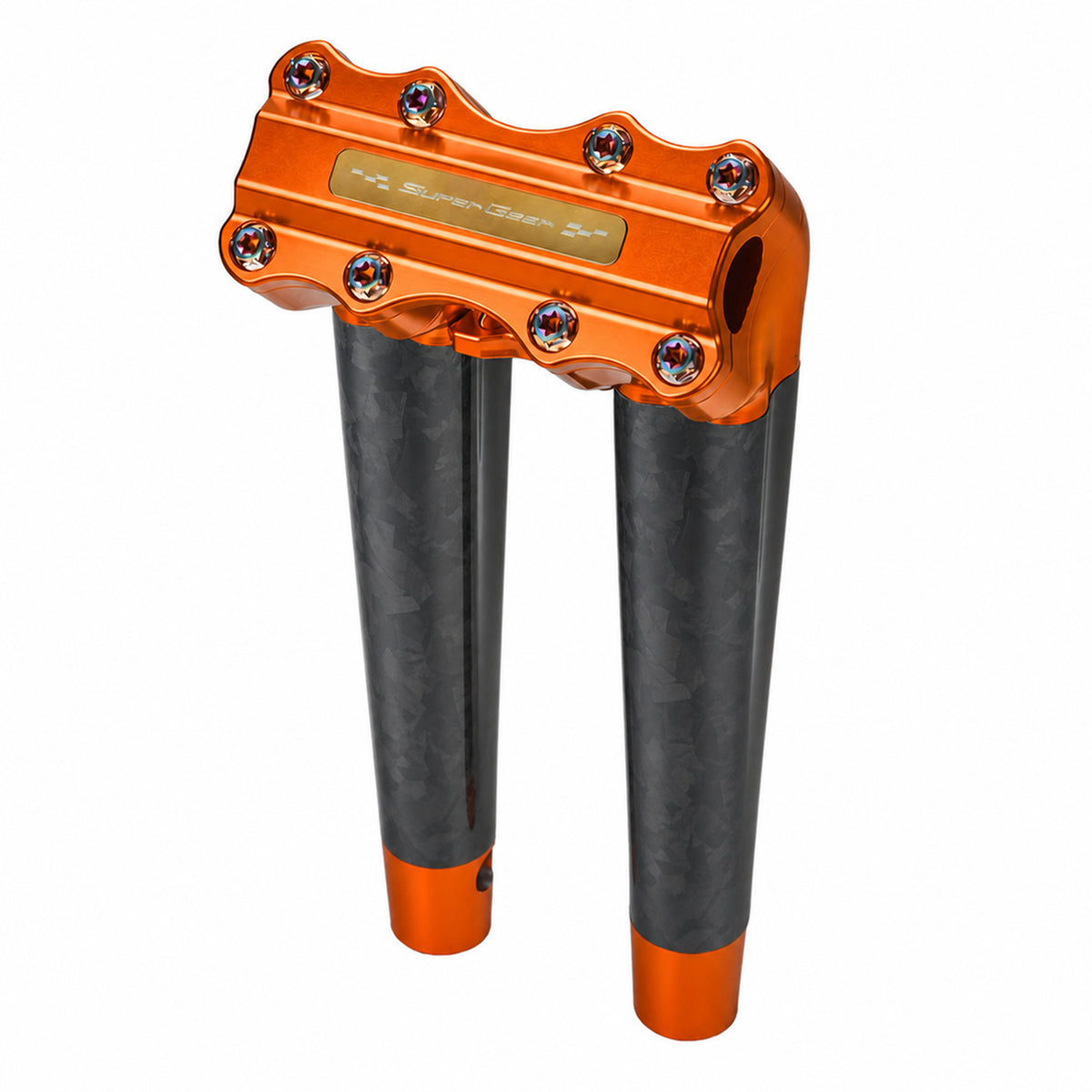 SuperGear RF7 12 inch pullback risers with matte forged carbon finish in Gulf Orange, CNC billet aluminum construction for Harley Touring, Road Glide, Street Glide, Performance Bagger, and custom Harley builds.