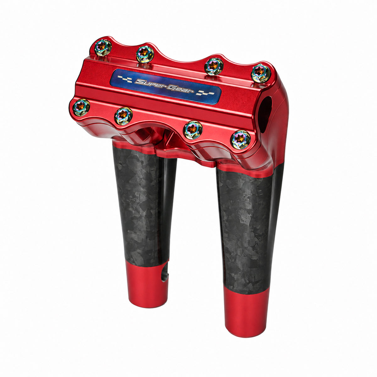 SuperGear RF7 8 inch pullback risers with matte forged carbon finish in Daytona Red, CNC billet aluminum construction for Harley Touring, Road Glide, Street Glide, Performance Bagger, and custom Harley builds.