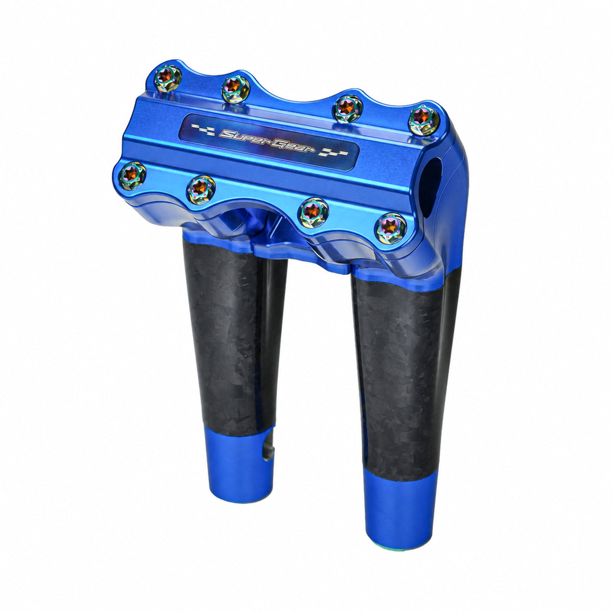 SuperGear RF7 8 inch pullback risers with matte forged carbon finish in Deep Current Blue, CNC billet aluminum construction for Harley Touring, Road Glide, Street Glide, Performance Bagger, and custom Harley builds.