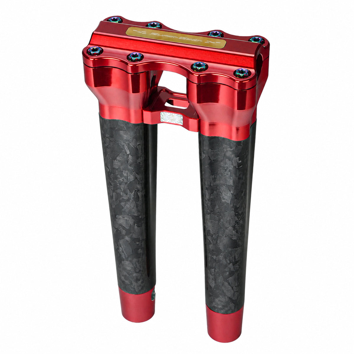 SuperGear RF7 12 inch straight risers with matte forged carbon finish in Daytona Red, CNC billet aluminum construction for Harley Touring, Road Glide, Street Glide, Performance Bagger, and custom Harley builds.