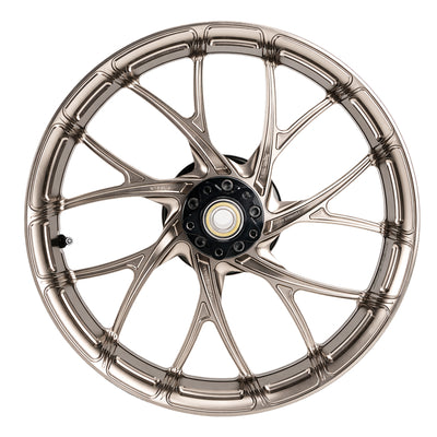 SuperGear 18 inch rear forged wheel hub assembly designed for Harley Touring performance builds, combining CNC machined aluminum technology with custom anodized finishes.