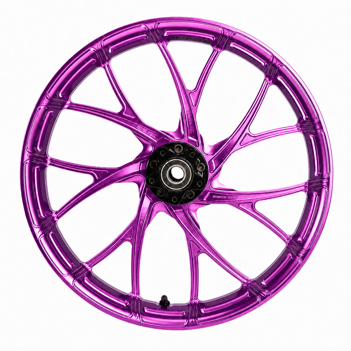 SuperGear 21 inch front forged wheel hub assembly designed for Harley Touring motorcycles, featuring CNC machined aluminum construction and premium anodized color finishes for custom performance bagger builds.