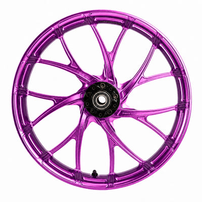 SuperGear 21 inch front forged wheel hub assembly designed for Harley Touring motorcycles, featuring CNC machined aluminum construction and premium anodized color finishes for custom performance bagger builds.