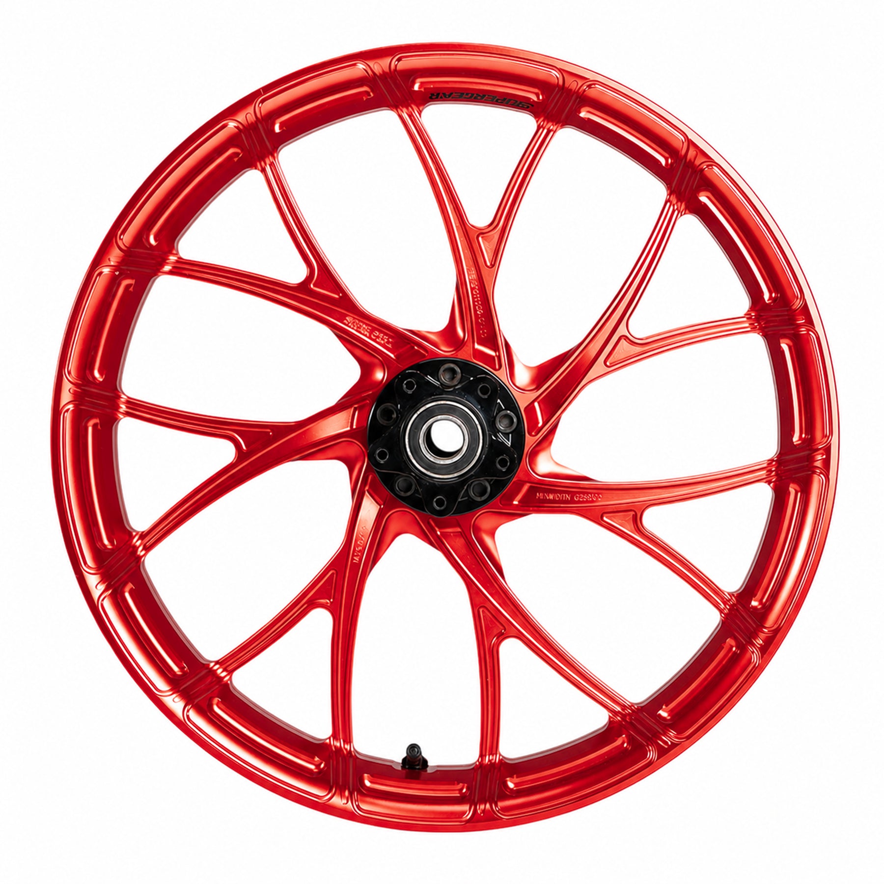 SuperGear Daytona Red anodized wheel hub designed for custom Harley Touring motorcycles and performance bagger builds.