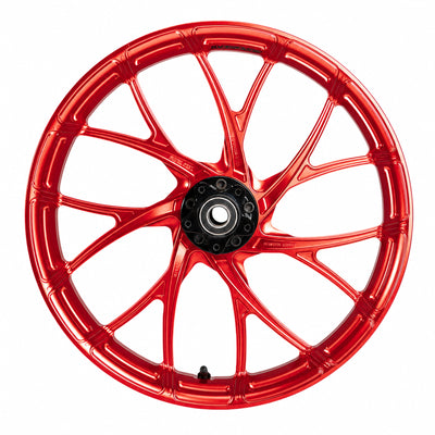 SuperGear Daytona Red anodized wheel hub designed for custom Harley Touring motorcycles and performance bagger builds.
