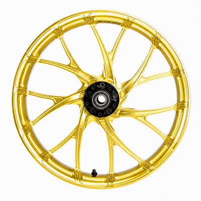 SuperGear Sunchaser Gold anodized CNC machined hub for Harley Touring forged wheels and custom performance bagger builds.