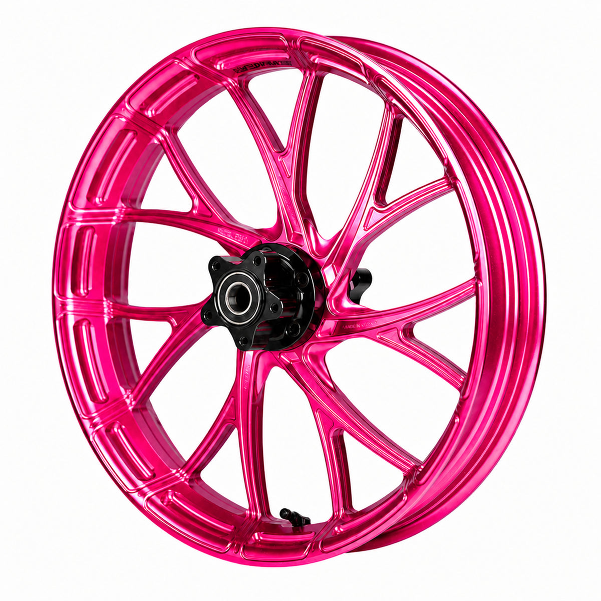 SuperGear Wildblossom Pink anodized hub adding a unique custom appearance to Harley performance bagger wheel builds.