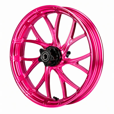 SuperGear Wildblossom Pink anodized hub adding a unique custom appearance to Harley performance bagger wheel builds.