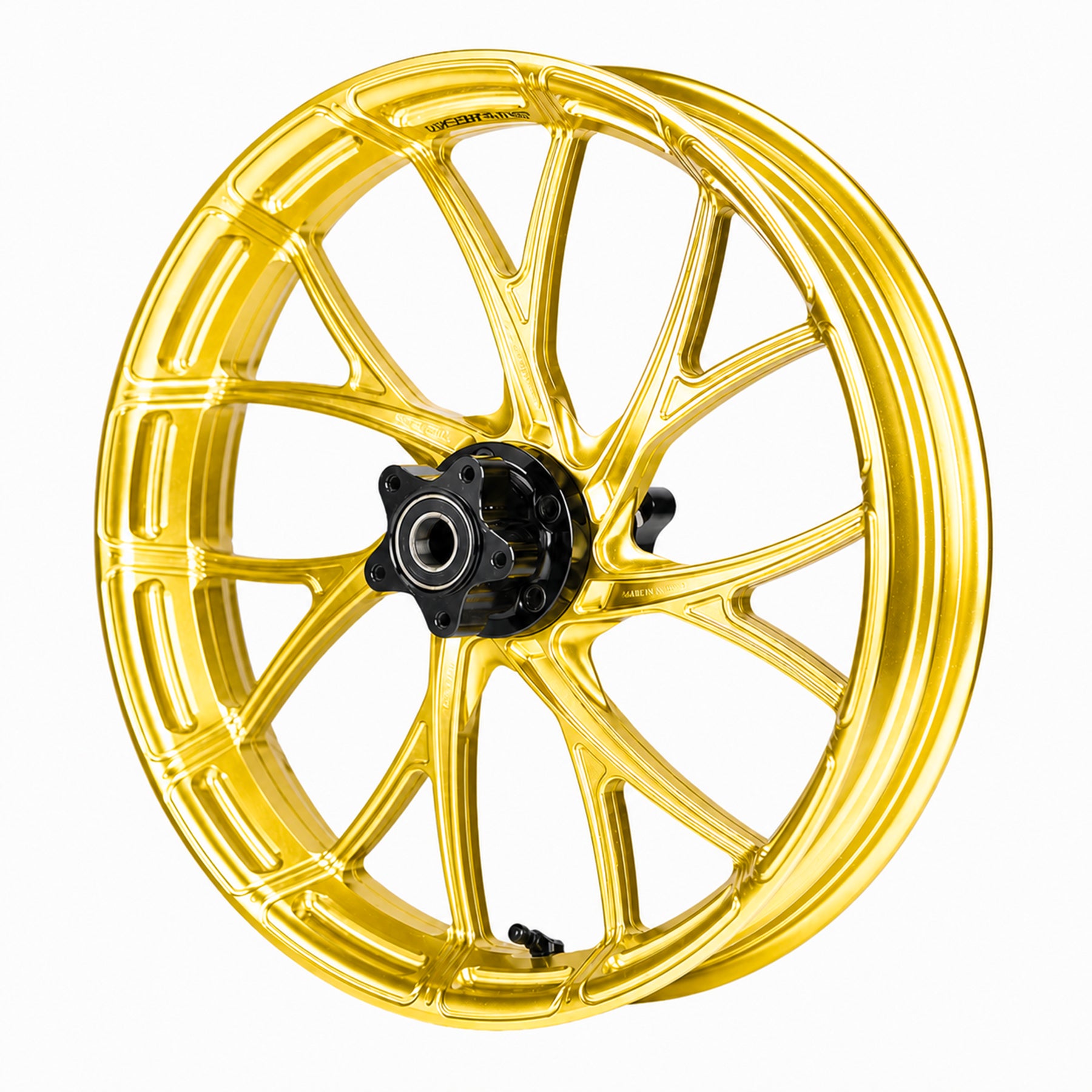 SuperGear Sunchaser Gold anodized CNC machined hub for Harley Touring forged wheels and custom performance bagger builds.