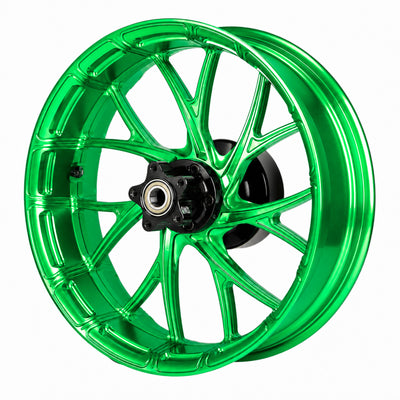 SuperGear 18 inch rear forged wheel hub assembly designed for Harley Touring performance builds, combining CNC machined aluminum technology with custom anodized finishes.