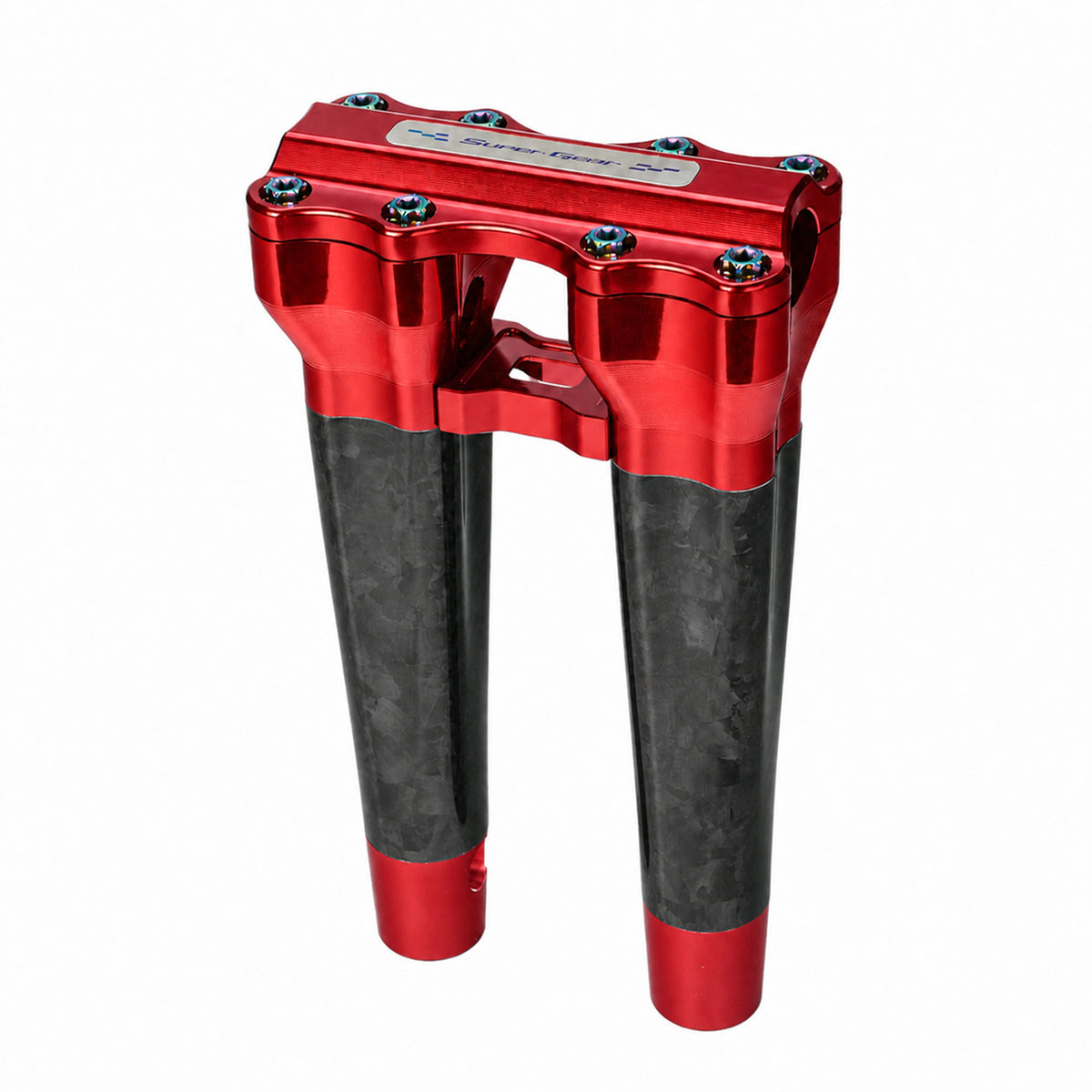 SuperGear RF7 10 inch straight risers with matte forged carbon finish in Daytona Red, CNC billet aluminum construction for Harley Touring, Road Glide, Street Glide, Performance Bagger, and custom Harley builds.
