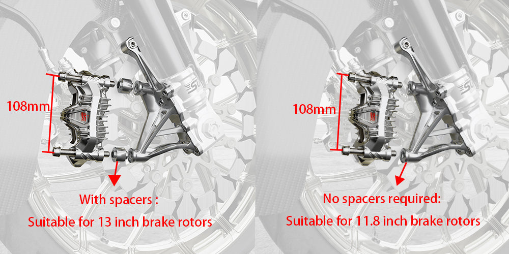Comparison of Installation: 300mm Brake Disc vs. 330mm Brake Disc. The 330mm disc requires a mounting spacer.
