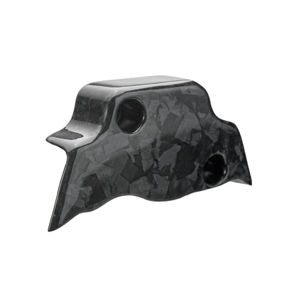 Left angled view of a Forged Carbon Fiber Glossy Finish gear position sensor cover showing its sculpted shape for a custom Harley build.