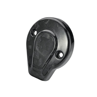 Left angled view of a Forged Carbon Fiber Glossy Finish timer cover for custom Harley Touring engine styling.