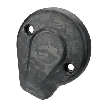 Left angled view of a Forged Carbon Fiber Matt Finishtimer cover for custom Harley Touring engine styling.