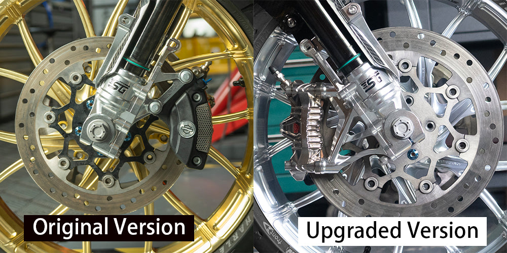 Harley-Davidson OEM caliper bracket paired with OEM brake caliper vs. SG108R radial caliper bracket paired with SG108mm radial brake caliper.