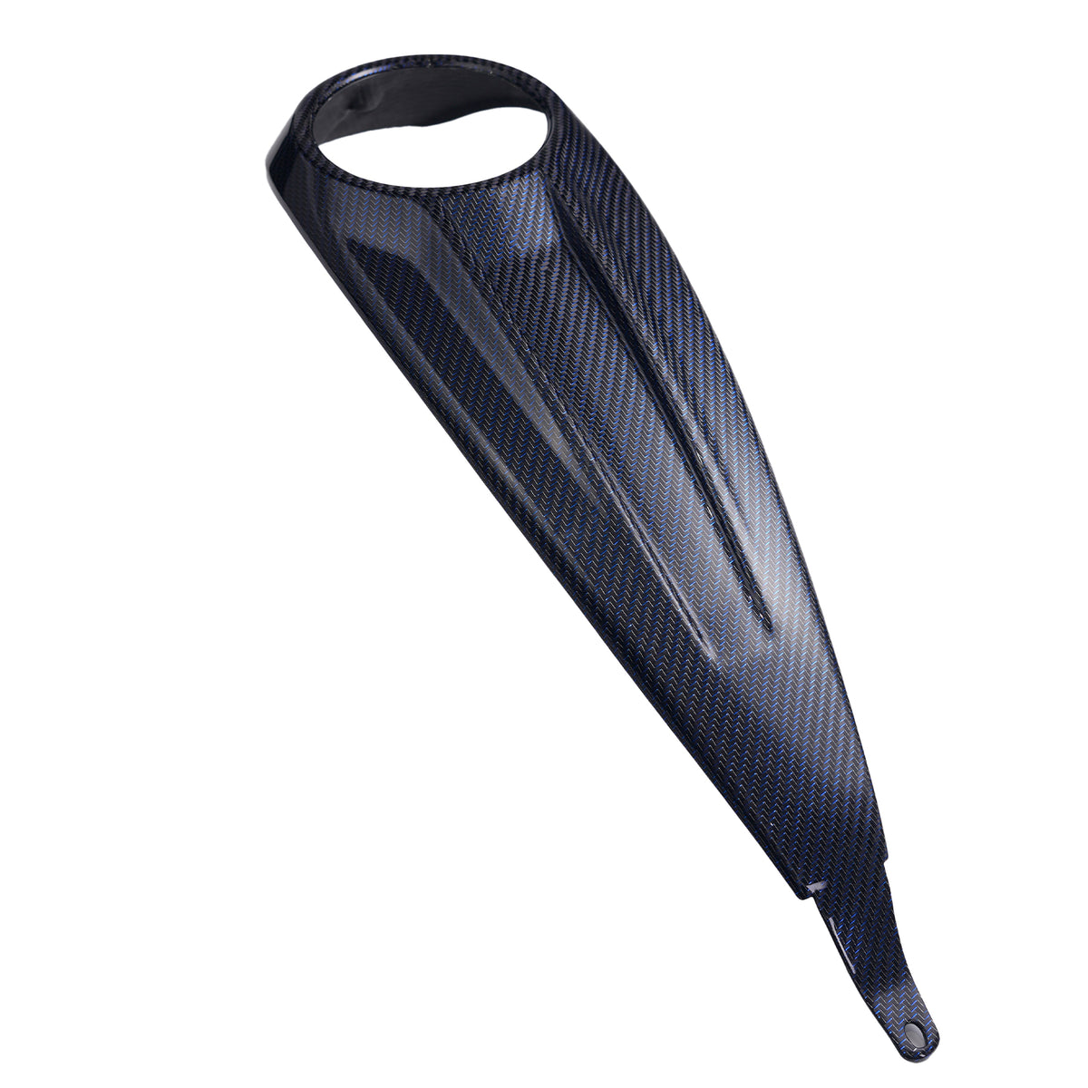 Full profile of a Blue Twil Carbon Fiber Glossy fuel tank dash cover for compatible Harley Touring custom motorcycle builds.
