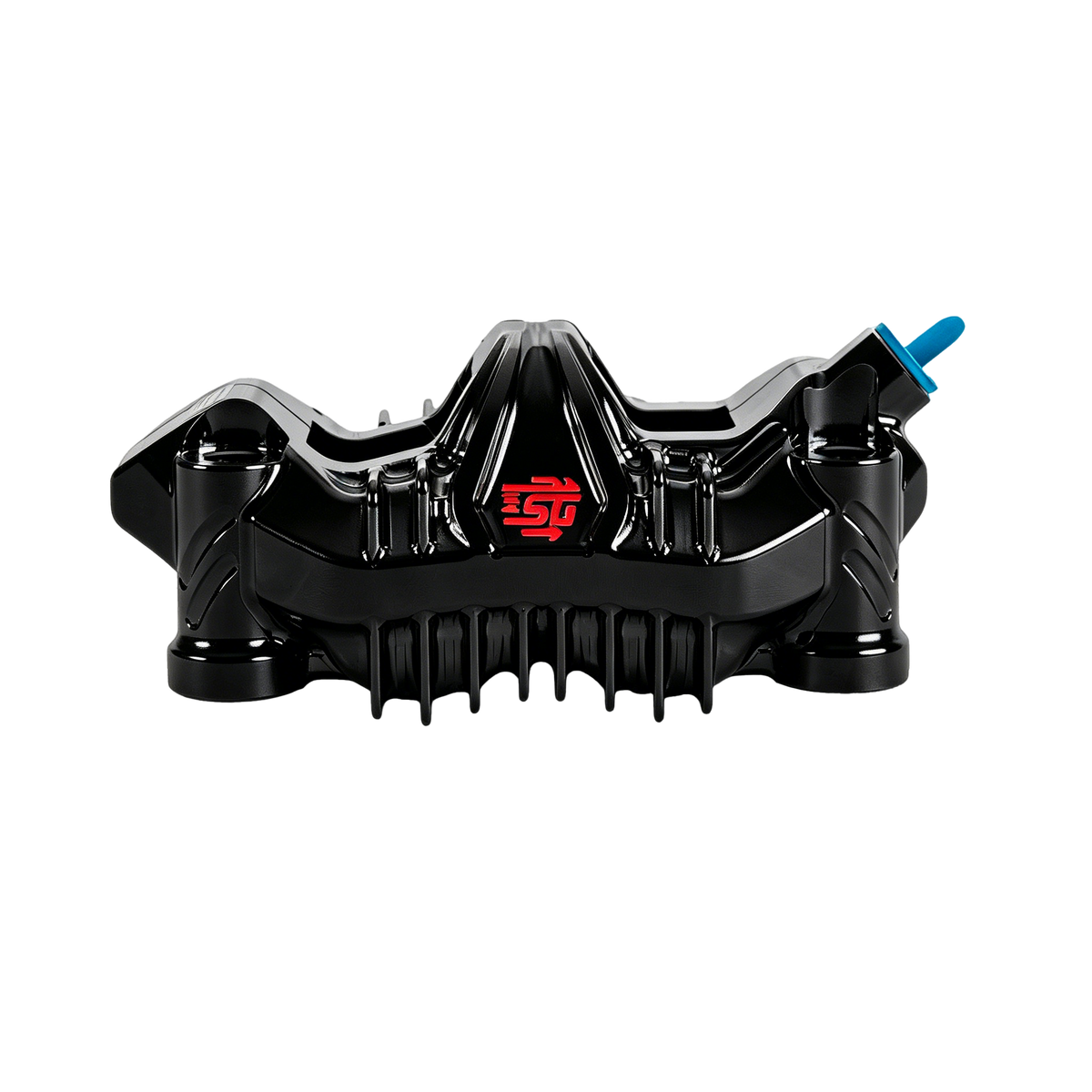RF7 108mm radial brake caliper featuring a premium black anodized finish, CNC-machined construction, and a performance-focused design for Harley Touring and Performance Bagger builds.