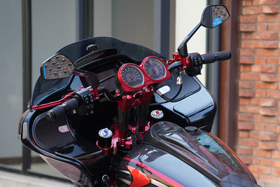RF7 Carbon Fiber Dual Gauge Bezel for 2014-2023 Harley Road Glide, featuring glossy 3K twill carbon fiber backing and CNC-machined aluminum gauge rings.