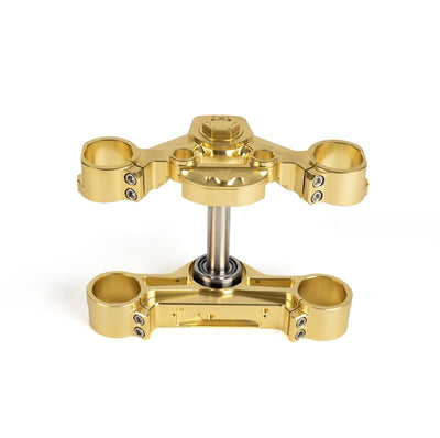 Gold SuperGear RF7 triple tree assembly with steering stem for Harley Touring inverted fork conversions.