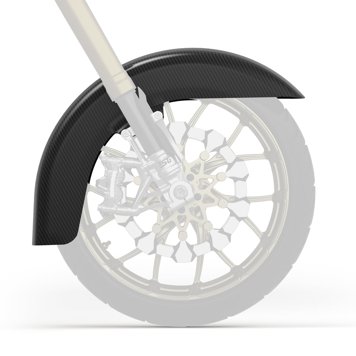 Side view of SuperGear CVO-style front fender for Harley-Davidson Touring, showing extended wheel coverage.