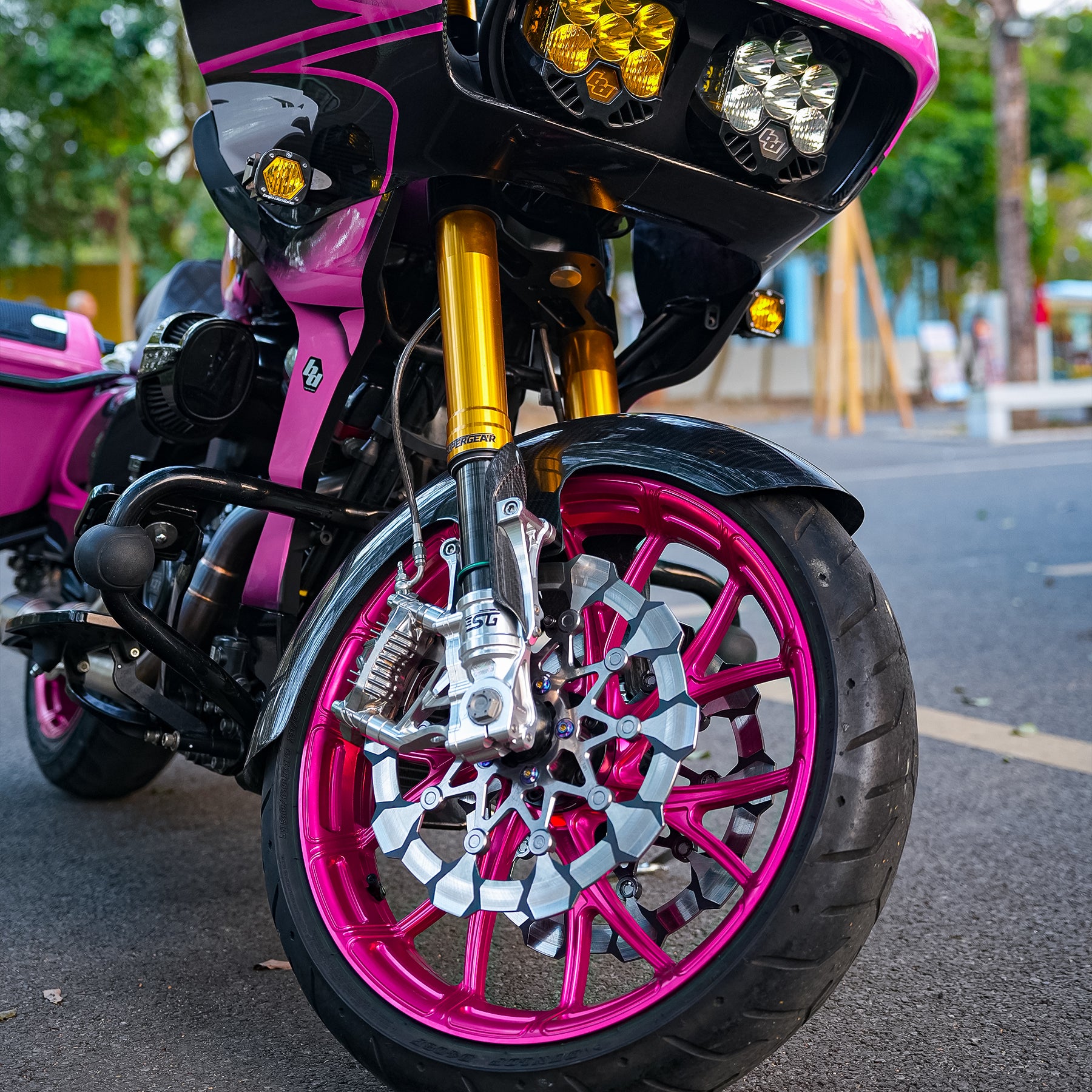 Y-Spoke forged front wheel fitted beneath a custom front fender on a Harley-Davidson Touring performance bagger.