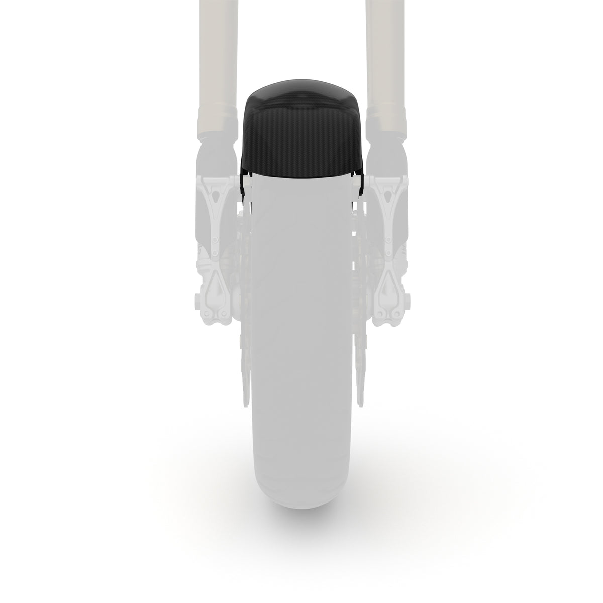 Front view of SuperGear ST-style front fender for Harley-DavidsonTouring, shown between the fork legs.